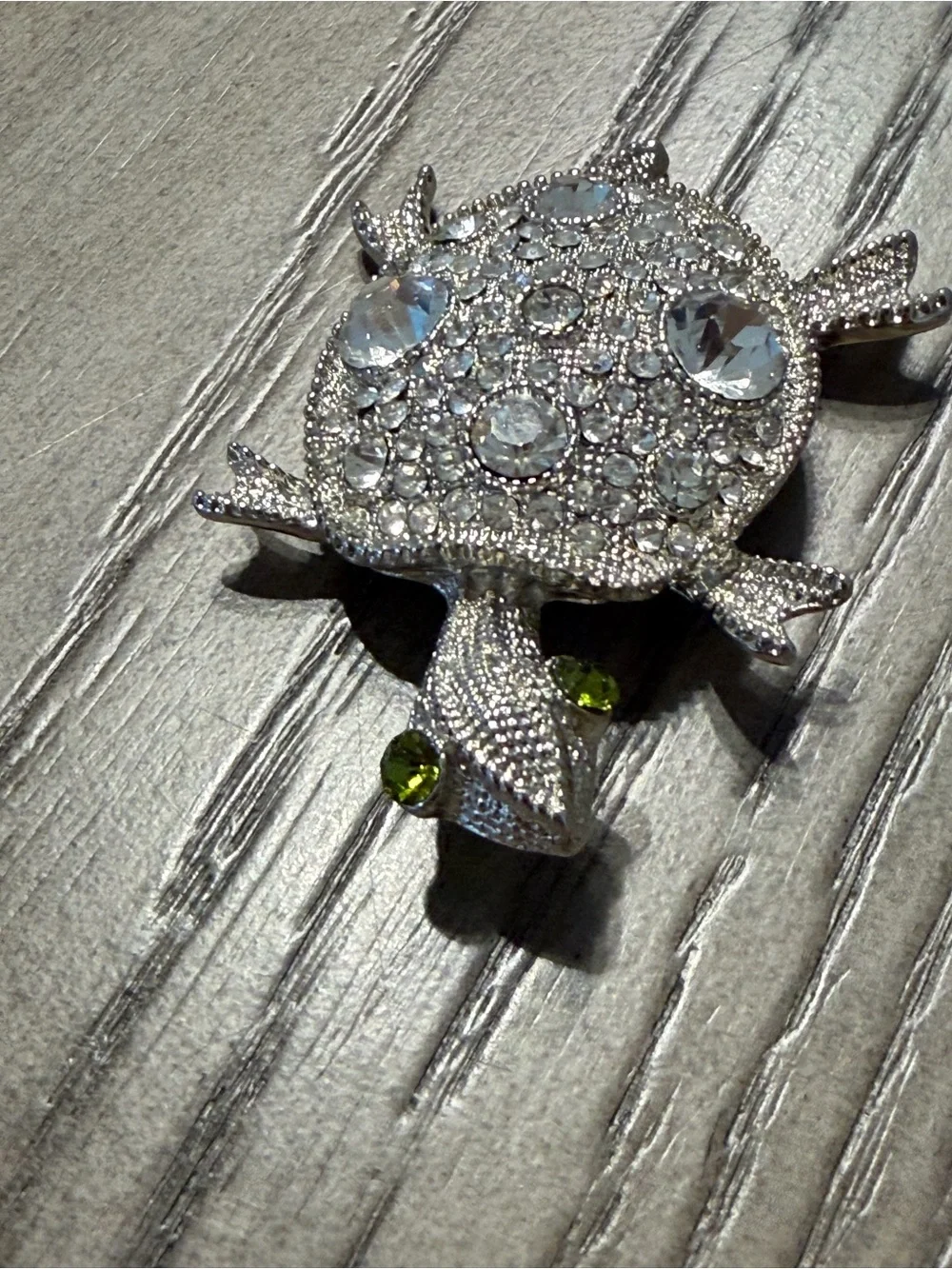 Silver Crystal Turtle  brooch- Silver with Green Accents